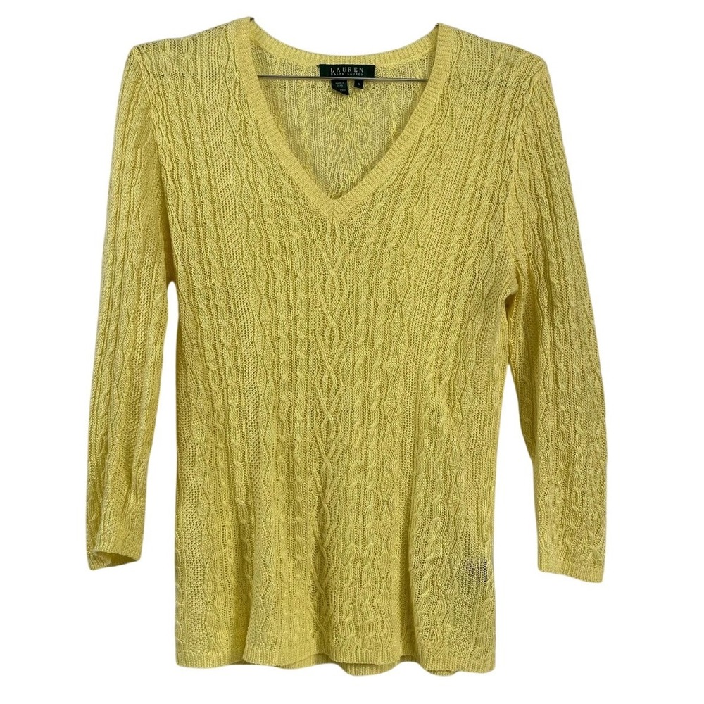 Lauren Ralph Lauren Sweater Womens Medium Yellow Cable Knit Linen 3/4 Sleeve